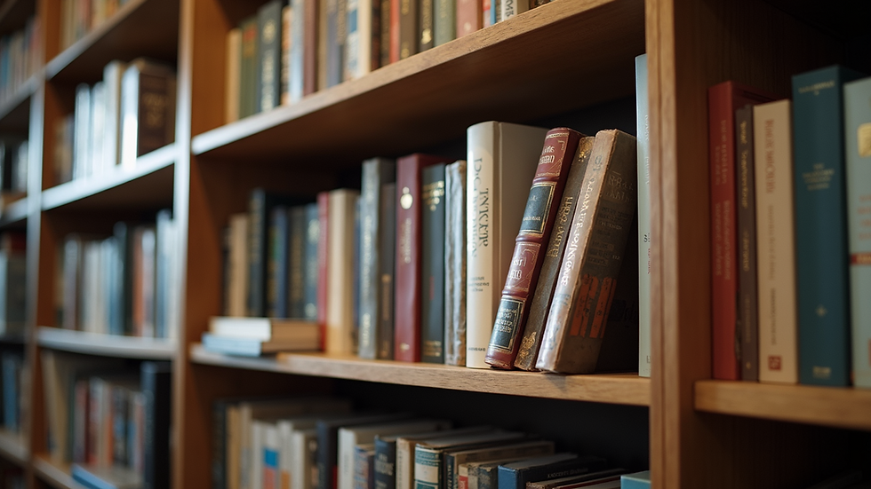 High angle view of a bookshelf filled with leadership and self-development books