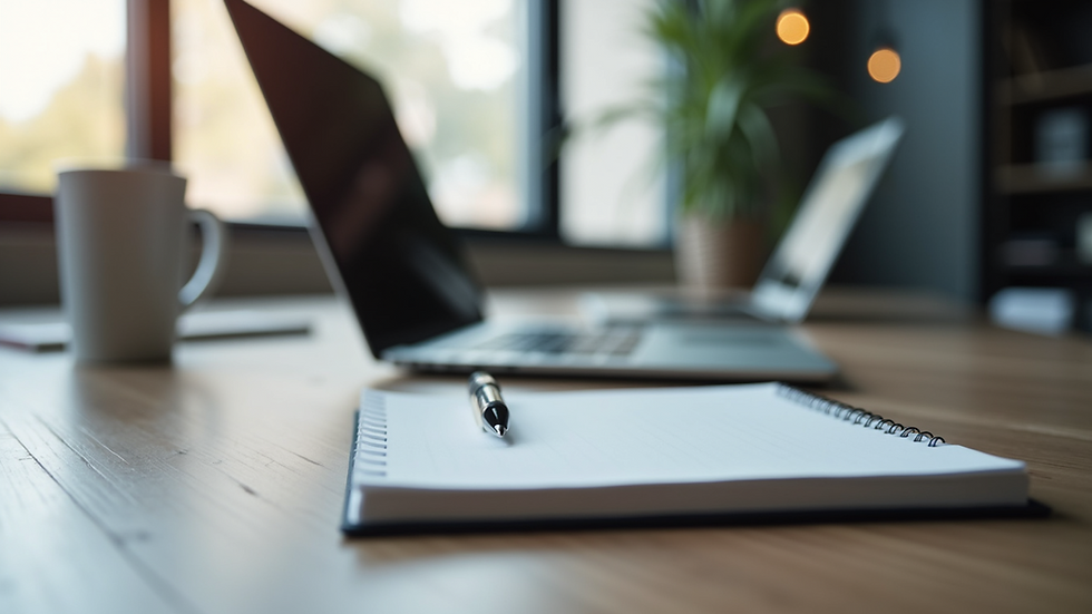 Eye-level view of a modern office desk with a laptop and notebook