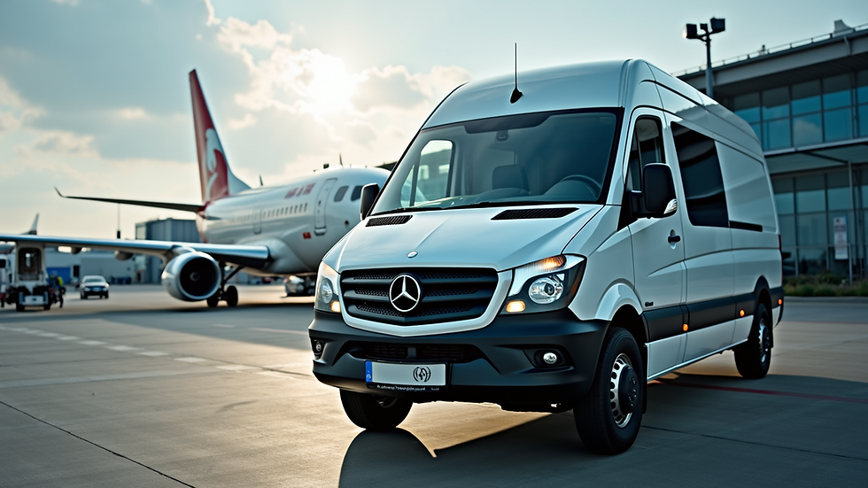 Eye-level view of a shuttle van parked outside an airport terminal