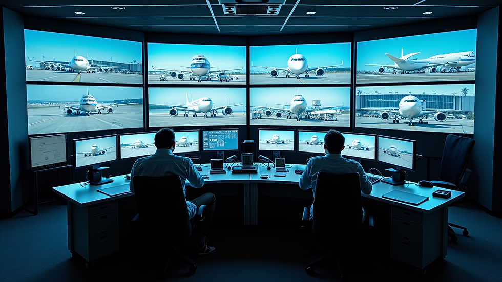 High angle view of a fleet management control room with multiple screens
