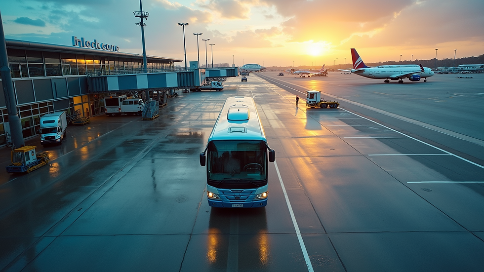 High angle view of a bus pulling up to an airport terminal