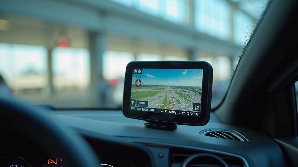 Close-up of a GPS device mounted on a vehicle dashboard