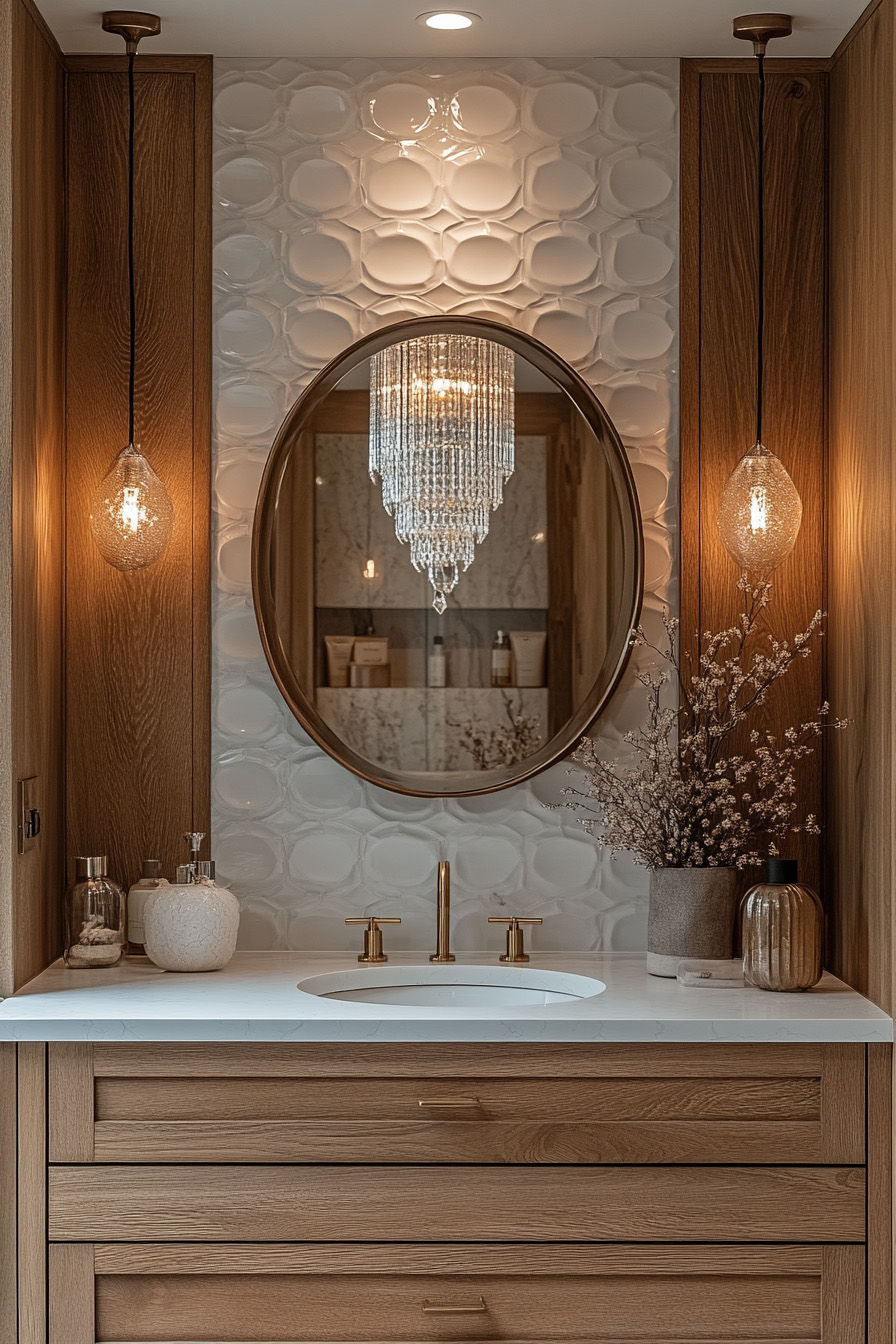 A luxurious powder room showcasing oak details and an oak vanity. In the center, a round mirror reflects the soft glow of a crystal lamp, adding a touch of sophistication to the space. The warm tones of the oak create an inviting atmosphere