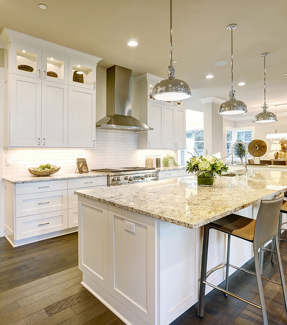 kitchen view of island and back wall with high-end stove