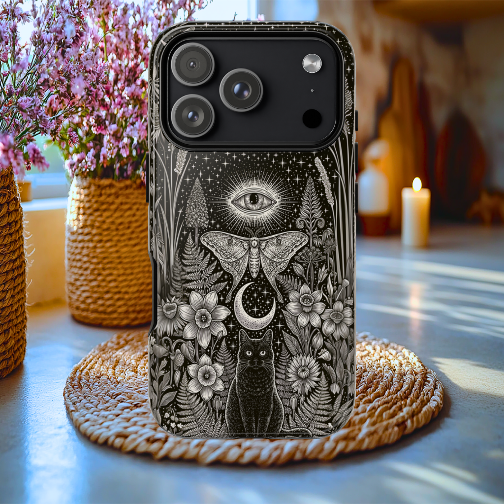 Mystical Moon, Black cat Tough Phone Case, iPhone, Galaxy S, Google Pixel