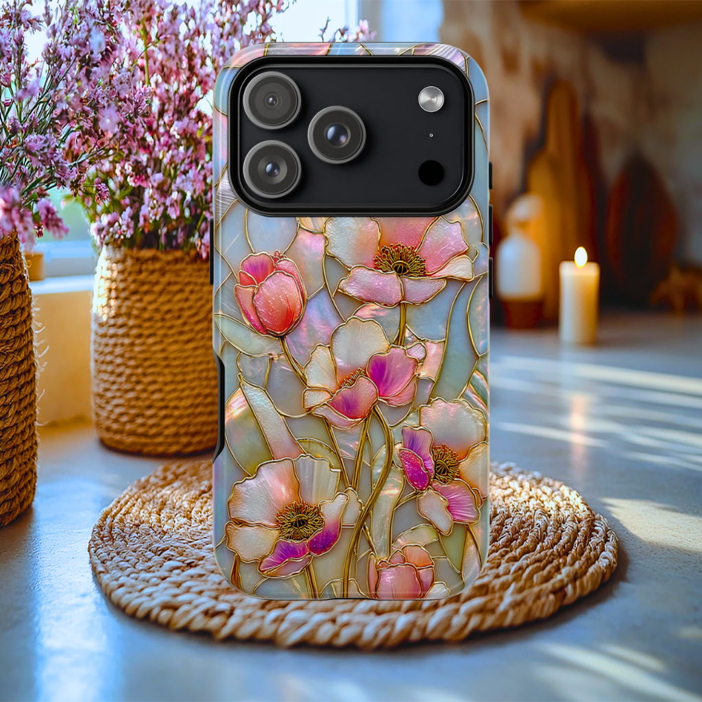Faux stained Glass Pink Flowers Tough Case, iPhone, Galaxy S ultra, Pixel pro