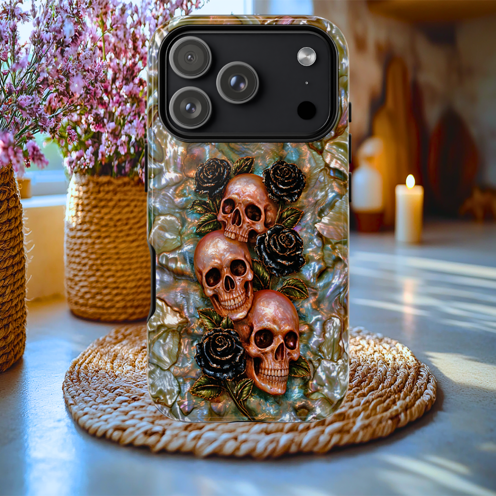 Faux Mother of Pearl Gothic Skulls & Roses Tough Case, iphone, Galaxy S, Pixel 