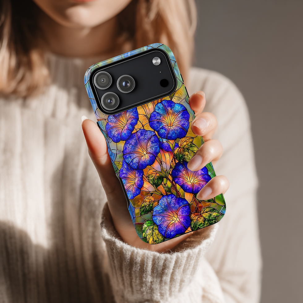 Thumbnail: Faux stained Glass Blue Morning Glorys Tough Case, iPhone, Galaxy S, Pixel