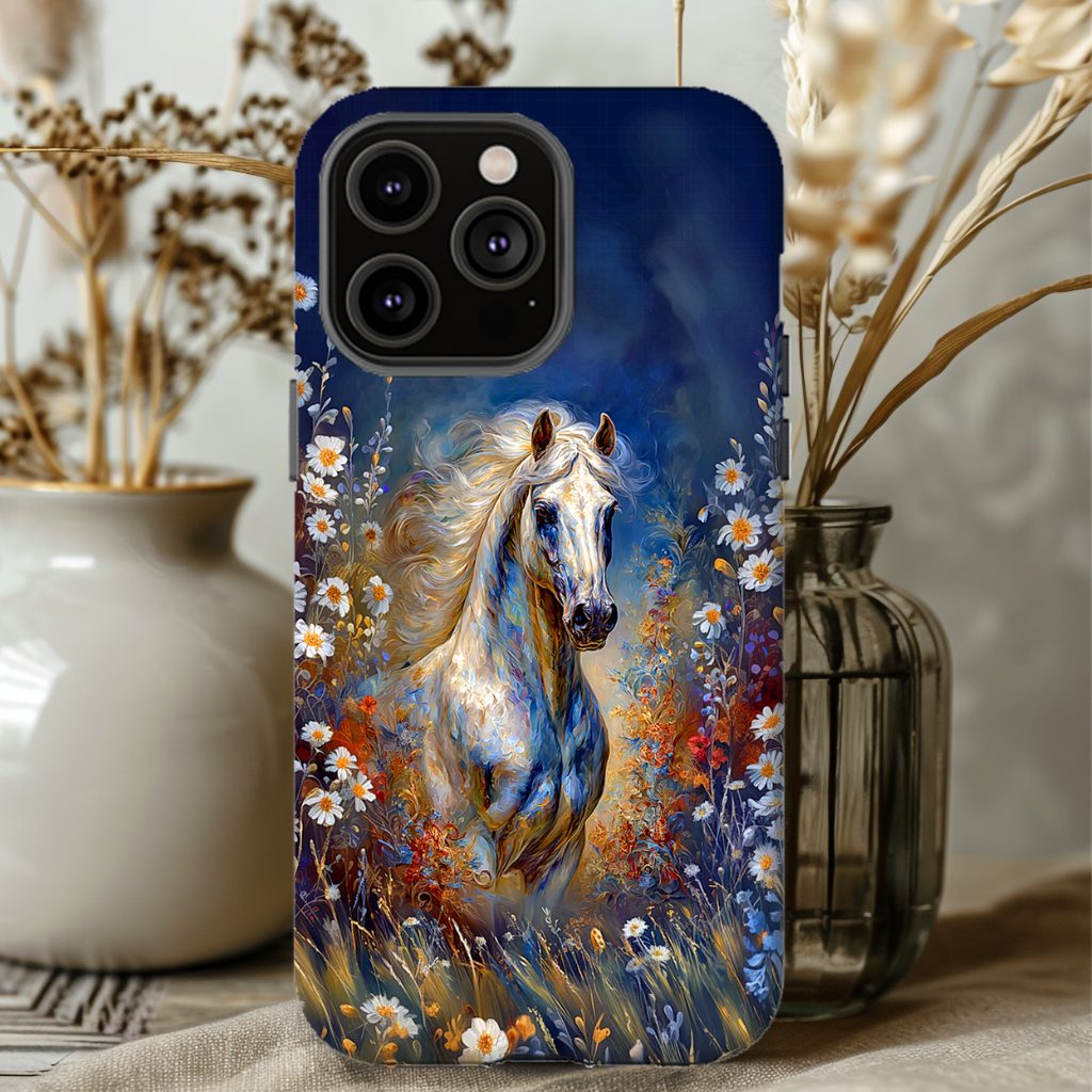 White Horse and Flowers Tough Phone Case