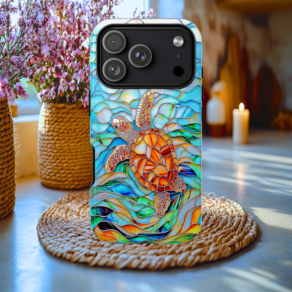 Faux Stained Glass Sea Turtle Tough Case, iphone, Galaxy, Google Pixel