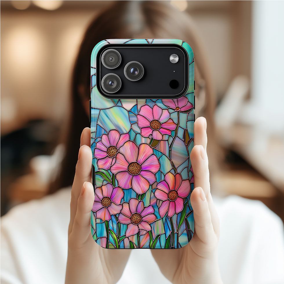 Thumbnail: Faux Stained Glass Pink Daisies tough Phone case, iPhone, Pixel, Galaxy S 
