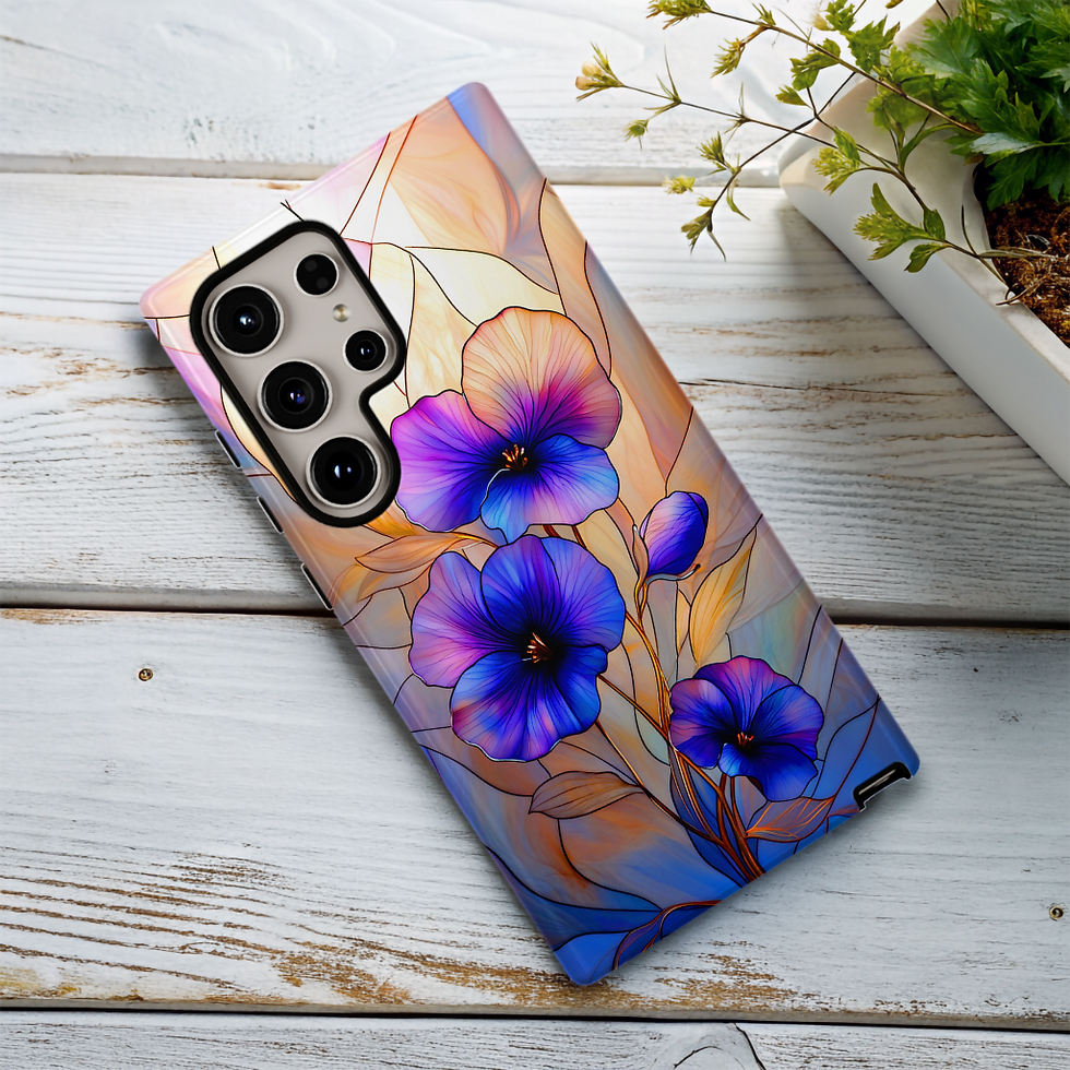 Thumbnail: Faux Stained Glass Purple flowers tough Phone case, iPhone, Galaxy S, Pixel