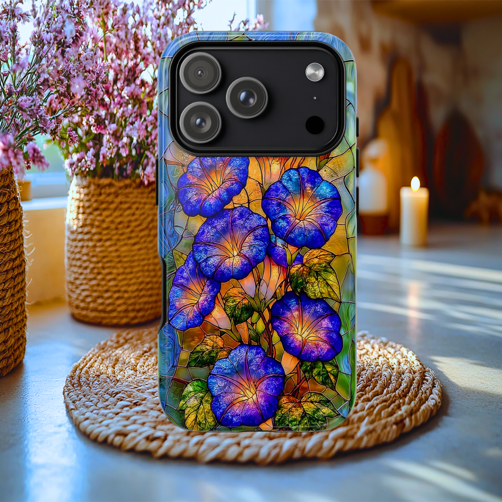 Faux stained Glass Blue Morning Glorys Tough Case, iPhone, Galaxy S, Pixel