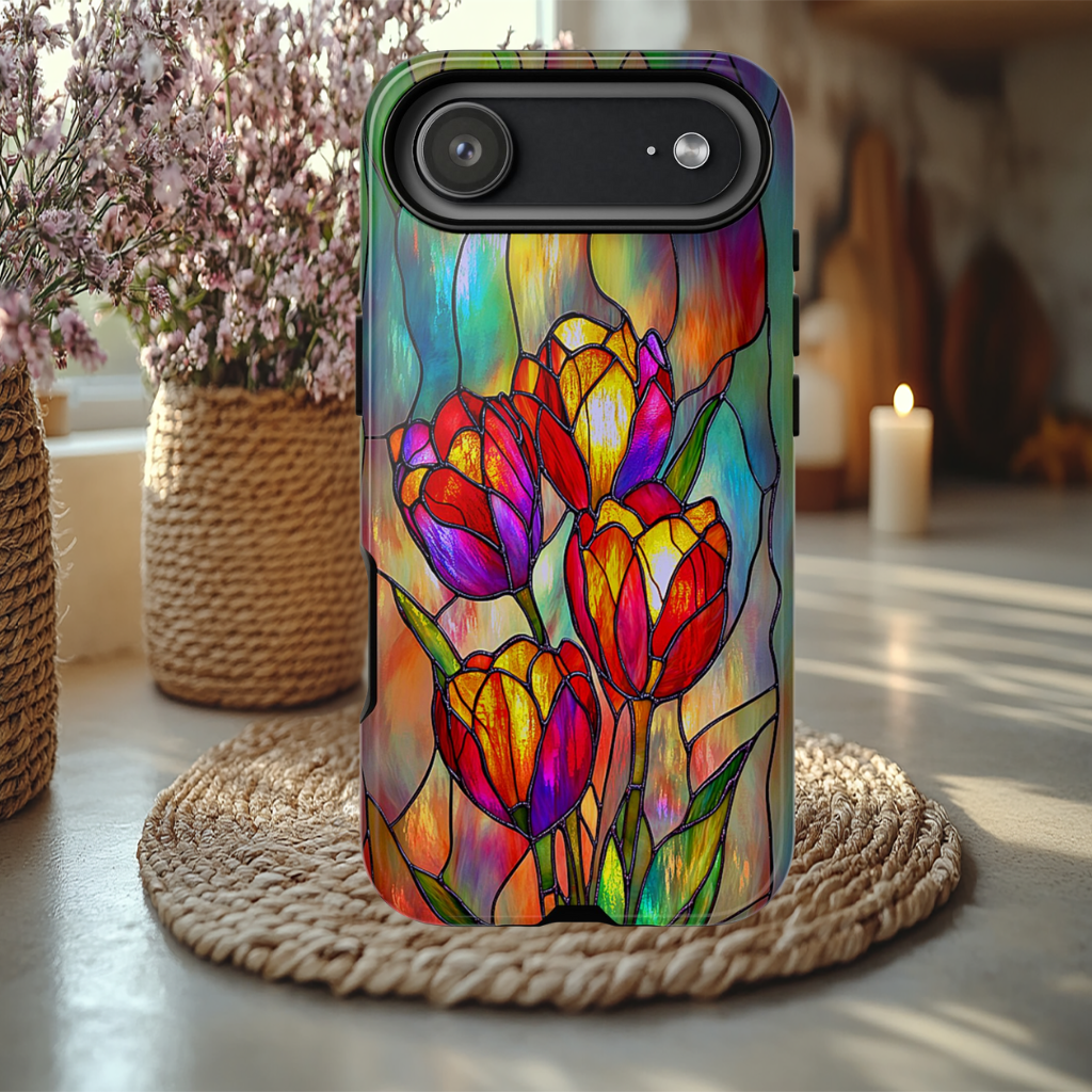 Faux Stained Glass Tulips Tough Phone case, iPhone, pixel, Galaxy S