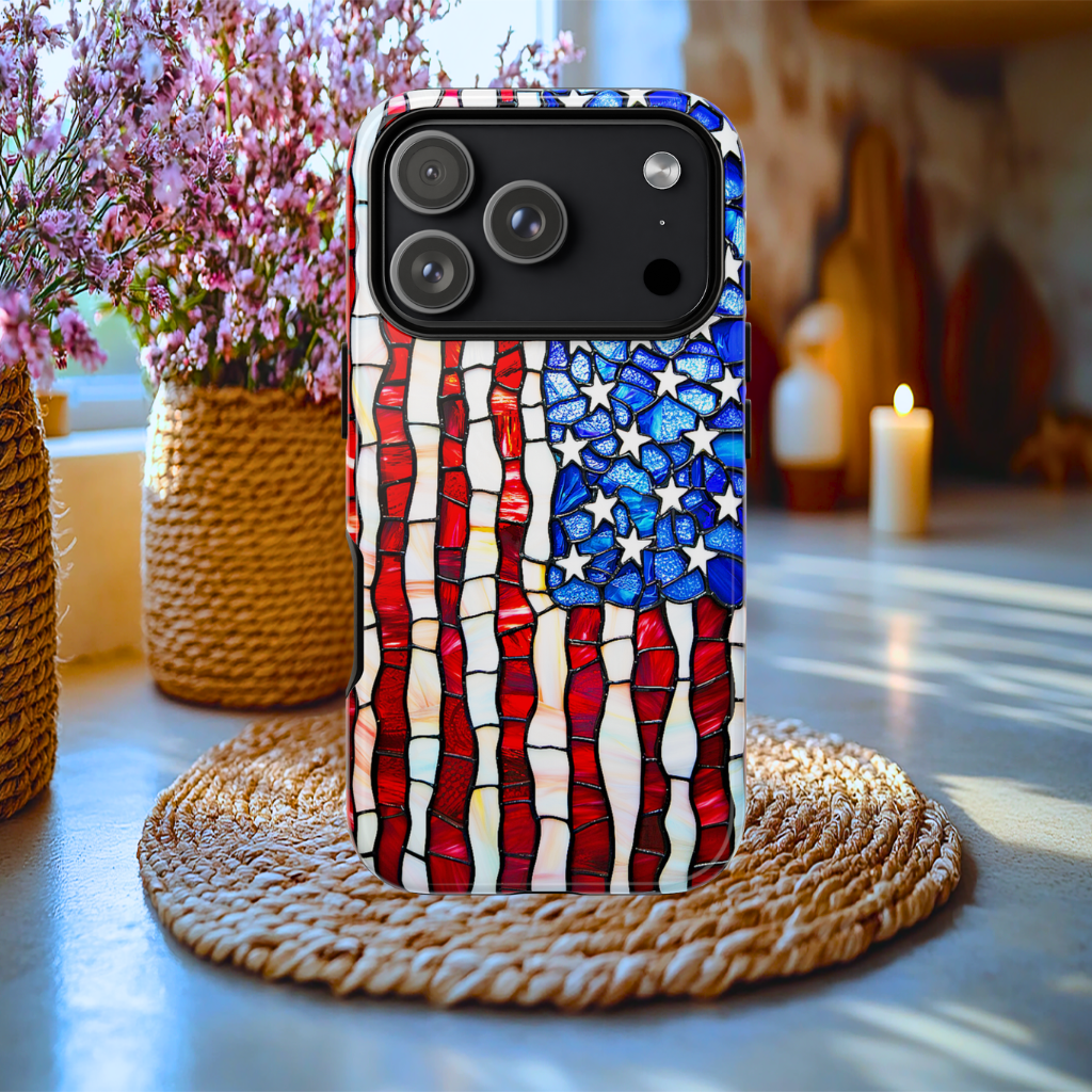 Faux stained Glass American Flag Tough Case, iPhone, Galaxy S, Pixel