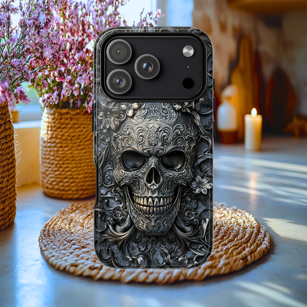 Faux Metal effect Skull tough Case, iPhone, Galaxy S, Pixel devices