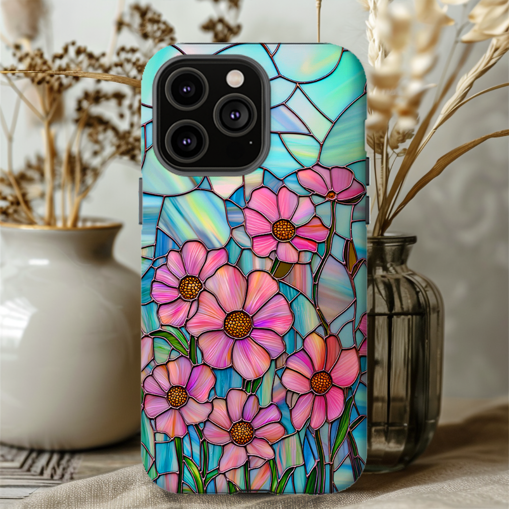 Faux Stained Glass Pink Daisies tough Phone case, iPhone, Pixel, Galaxy S