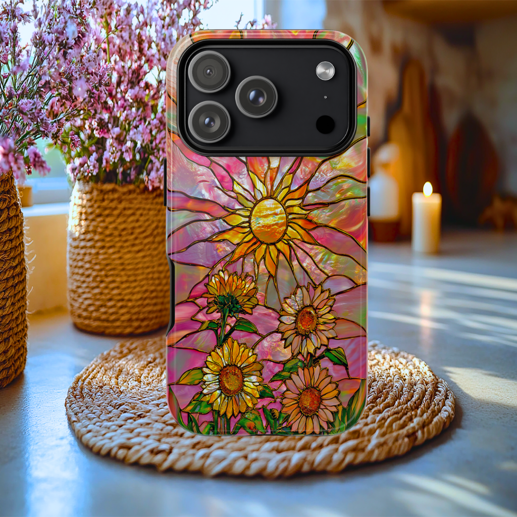 Faux Stained Glass Sunflowers tough phone Case, iPhone, Galaxy S, Pixel