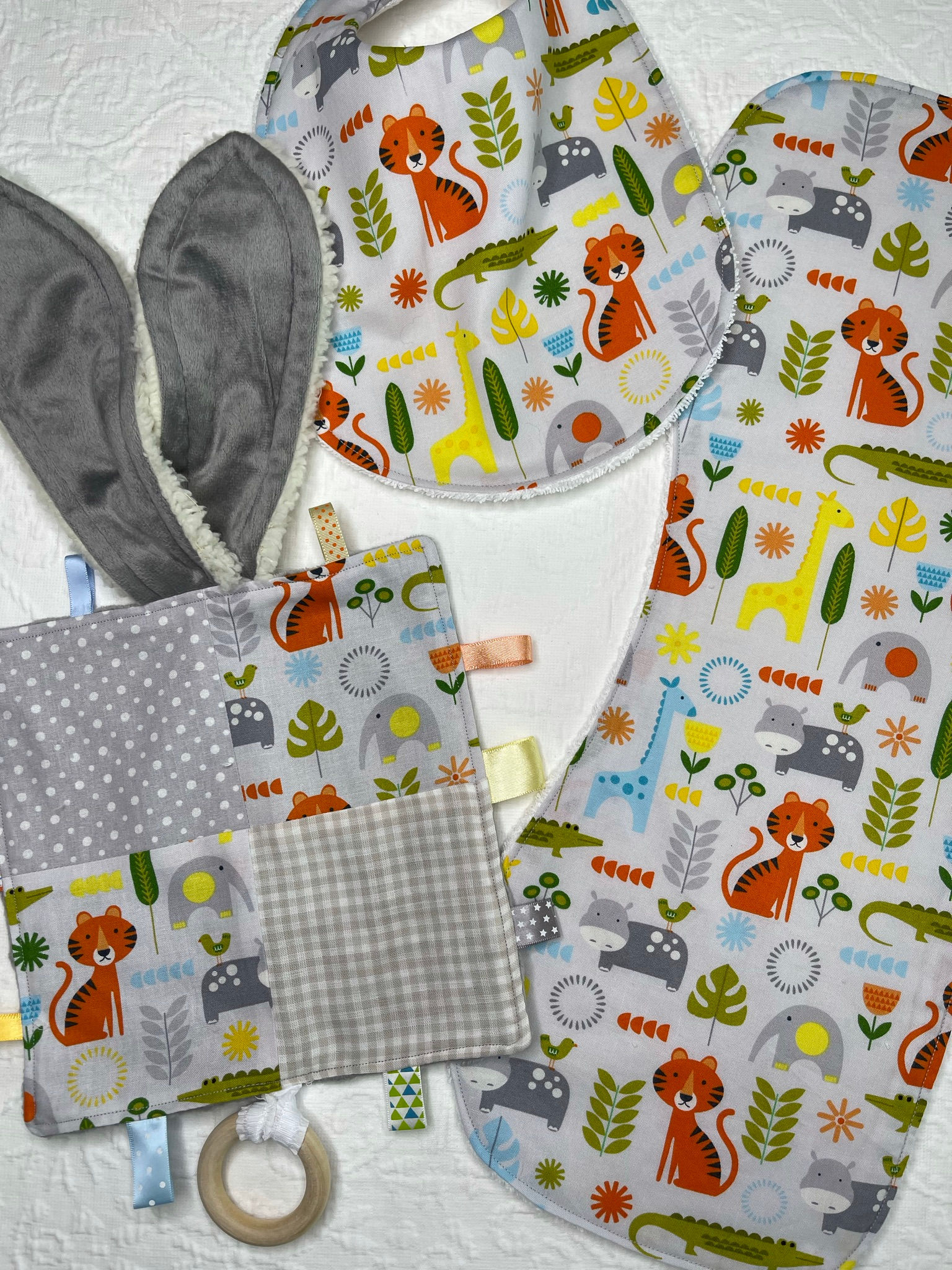 Jungle Friends - 3 piece set - Minky Lovey Comforter - Bib - Burp Cloth