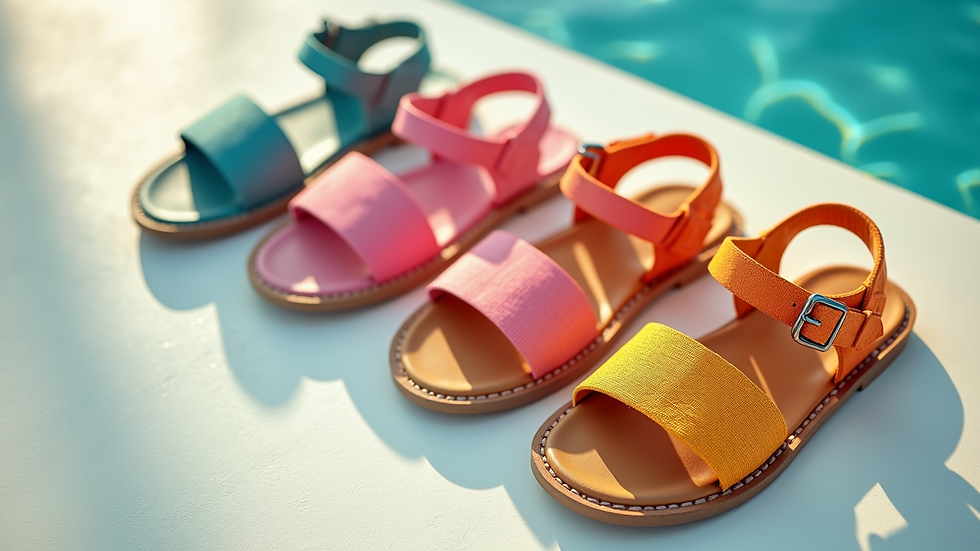 High angle view of colorful summer sandals arranged on a bright surface