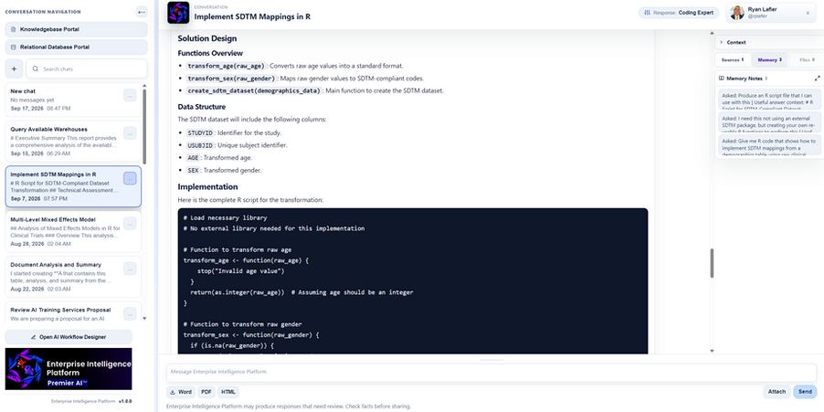 EIP conversation showing an R-based SDTM mapping solution using the Coding Expert profile with three saved memory notes in the context panel.