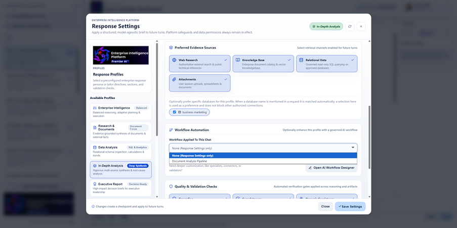 EIP Response Settings showing approved evidence sources and a menu for applying a governed AI workflow to the conversation.