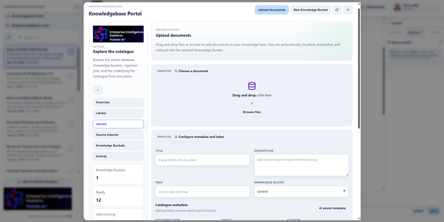 Document-upload screen with file selection, metadata fields, AI-assisted metadata, and Knowledge Bucket assignment.