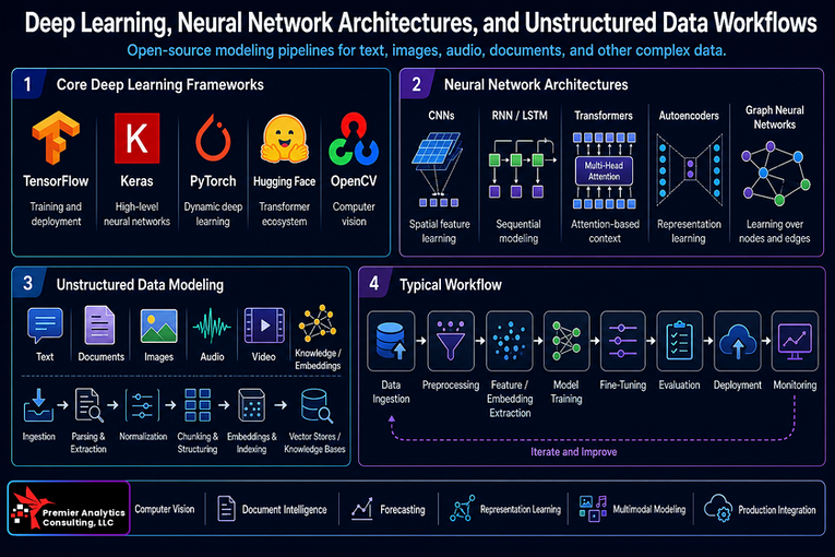 Open-source deep learning and neural network workflows for text, images, audio, documents, and other unstructured data, supporting training, fine-tuning, deployment, and production integration. Premier Analytics Consulting, LLC.