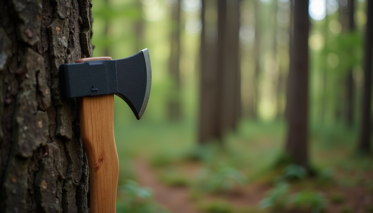 Eye-level view of a wooden axe handle resting against a tree trunk in a dense forest