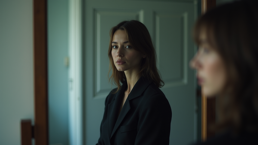 Eye-level view of a mirror reflecting a blurred silhouette