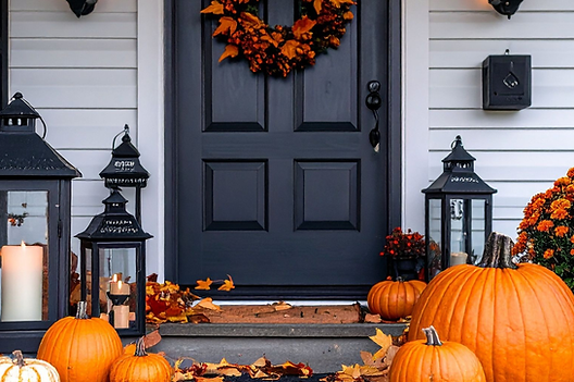 black house door and pumpkins