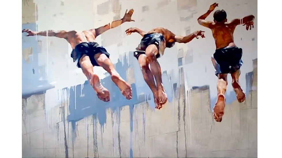 Pintura de Costa Dvorezky 2 figuras de jóvenes en el aire con posturas acrobáticas