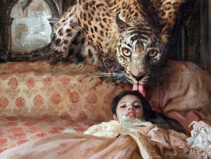 The English Bed, óleo sobre lienzo de Guillermo Lorca (2021), escena de realismo mágico con niña y leopardo.