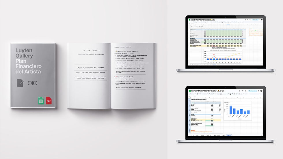 herramienta pro Luyten: plan financiero del artista. Vista de portada y dos capturas de pantalla
