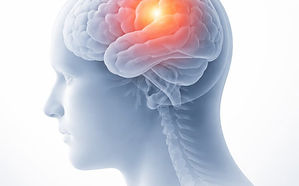 Medical illustration of a side profile of the head with the brain highlighted in red to show concussion symptoms or brain injury.