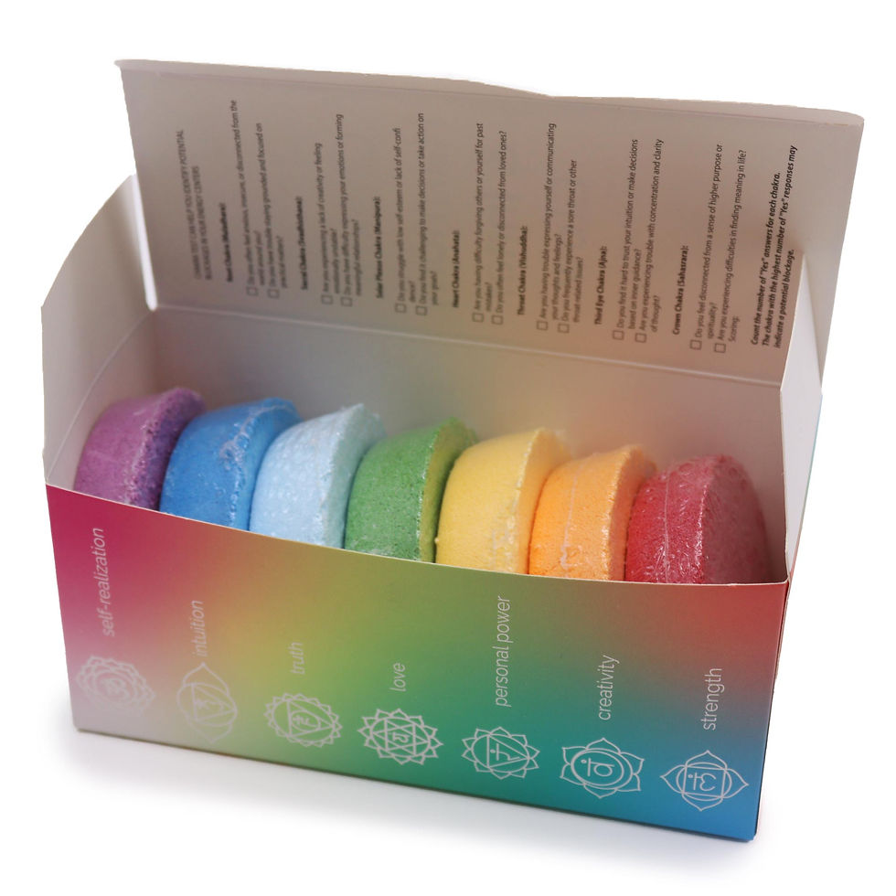 Miniatura: Coffret de galets de bain pétillants pour les 7 chakras, aux couleurs et huiles essentielles variées