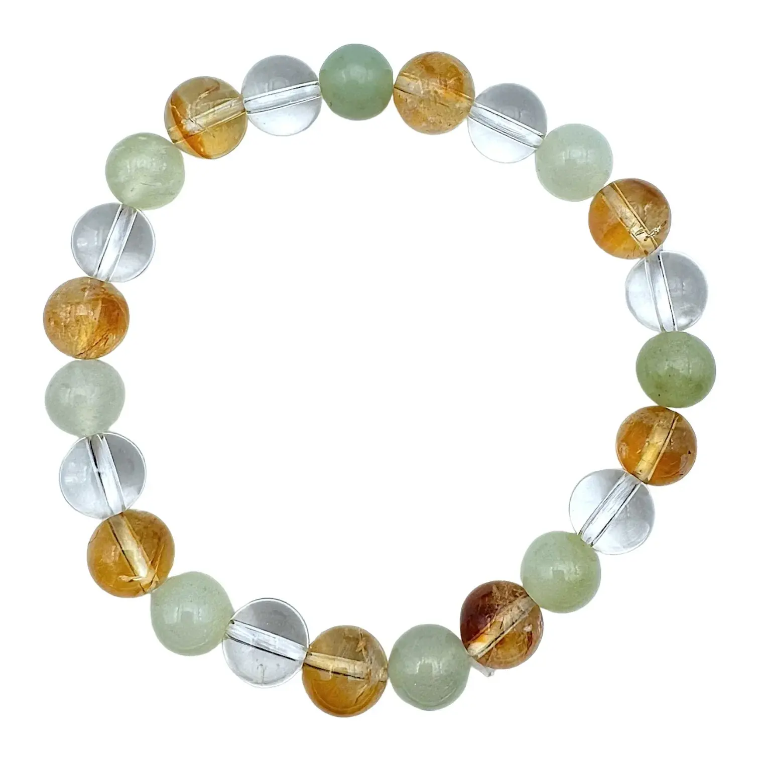 Bracelet de lithothérapie chance et prospérité en perles de Citrine, Jade de Chine vert et Cristal de roche transparent.
