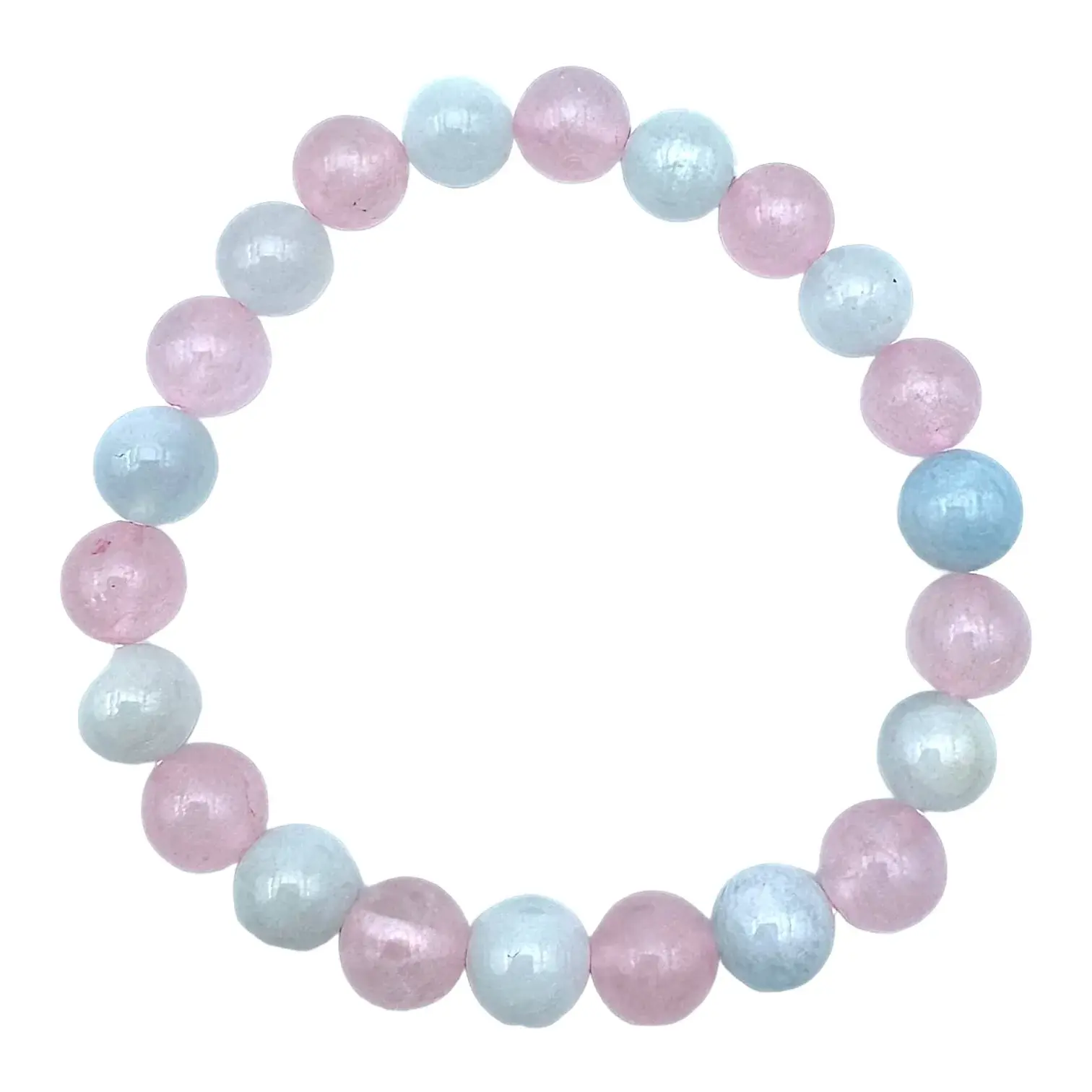 Bracelet de lithothérapie Équilibre Amoureux en perles de Quartz Rose pastel et Aigue-Marine bleu clair.