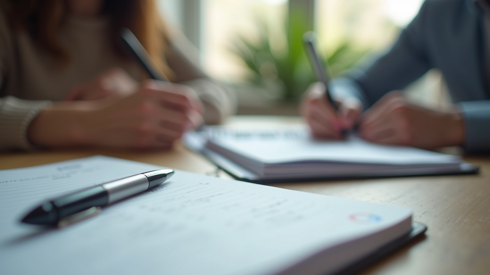 Close-up view of a therapist’s notebook and pen on a table during a family session