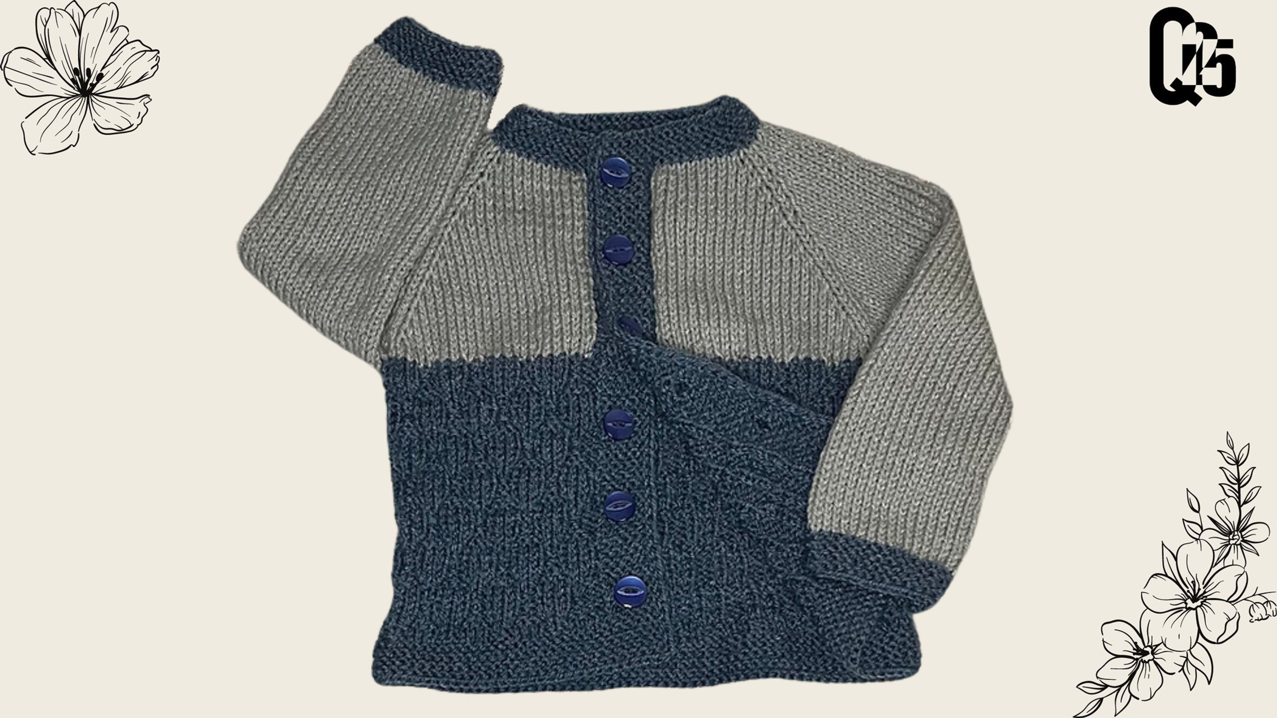 Handmade knitted baby boy sweater – blue denim and silver mist acrylic knit for 3–6 months