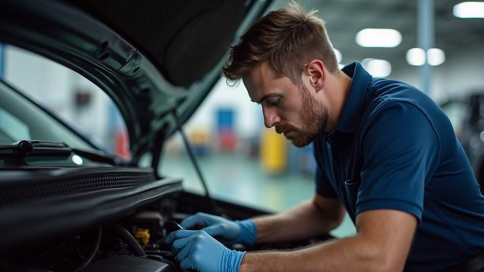 Eye-level view of a mechanic working under the hood of a car