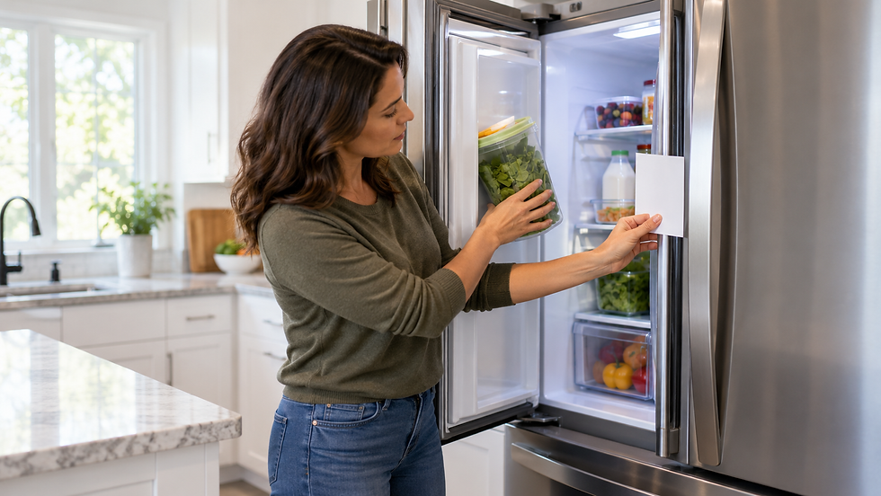 Homeowner checking a refrigerator door gasket with a paper strip after moving a blocking container