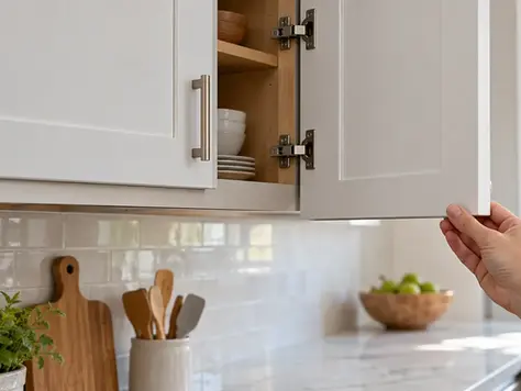 Homeowner supporting a slightly sagging kitchen cabinet door while inspecting concealed hinges