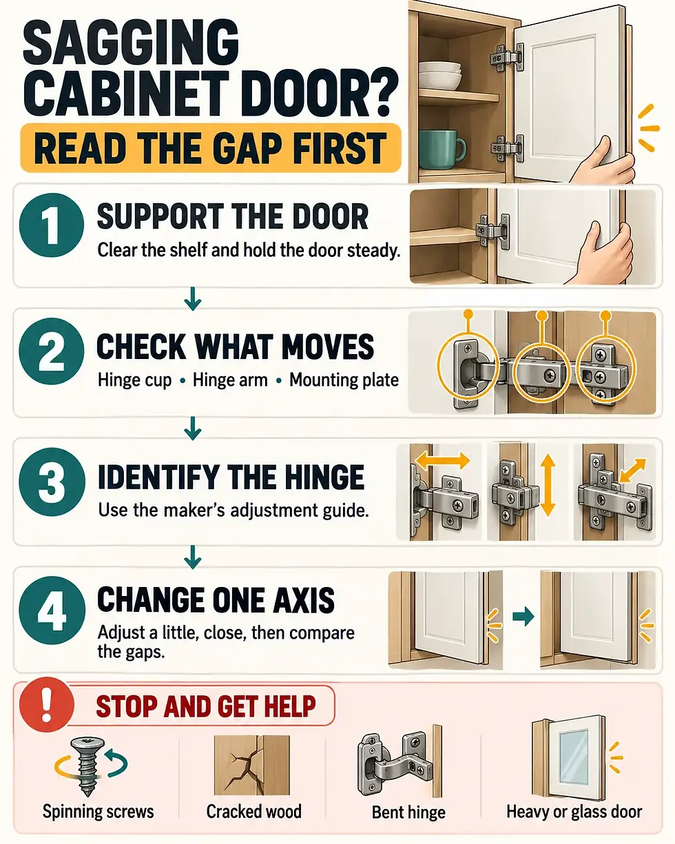 Mobile checklist for diagnosing a sagging cabinet door by checking support, loose hardware, hinge type, and stop conditions