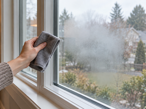 Homeowner checking a hazy double-pane window with a dry cloth from inside the room