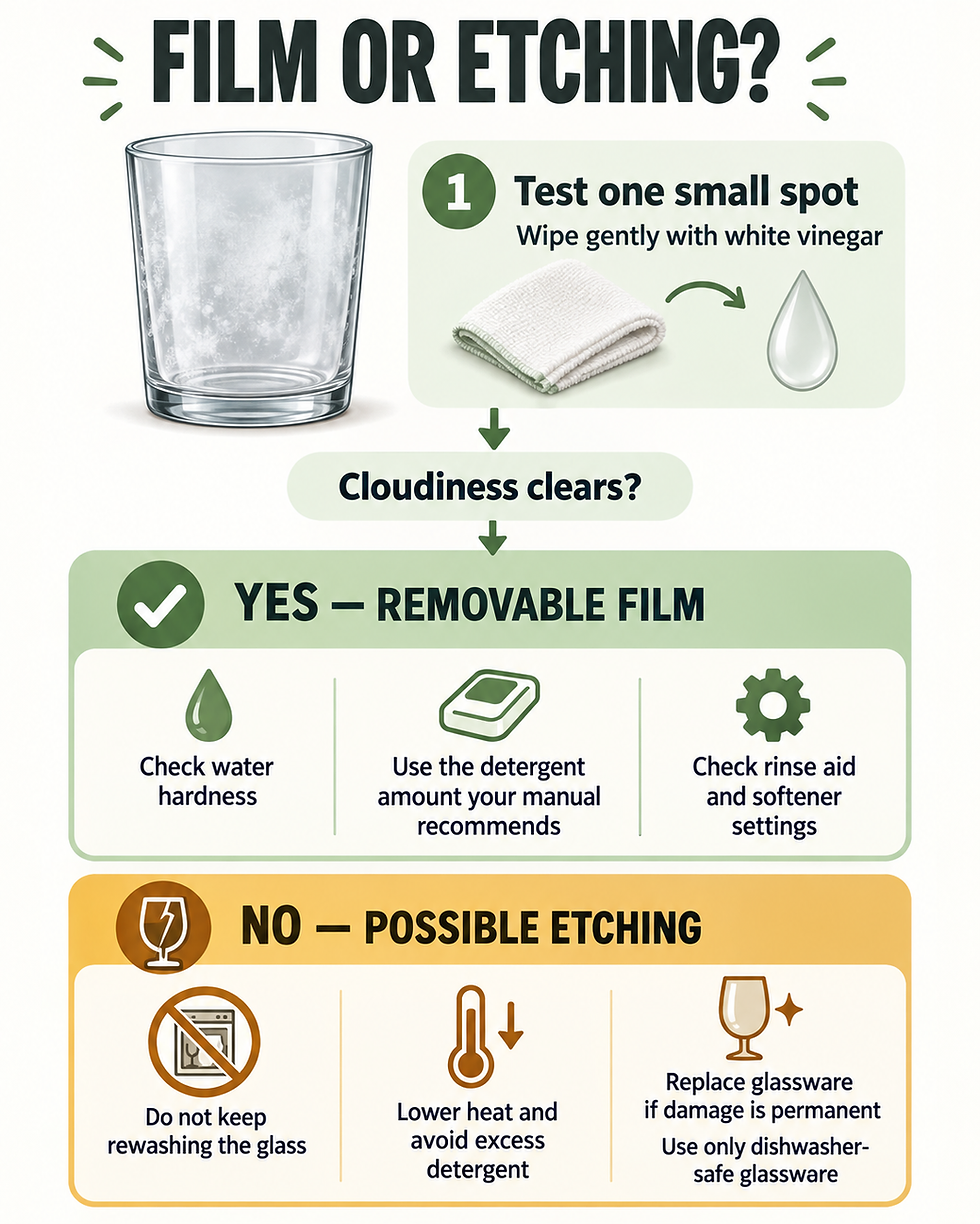 Mobile infographic showing how to distinguish removable dishwasher film from possible glass etching with a vinegar spot test