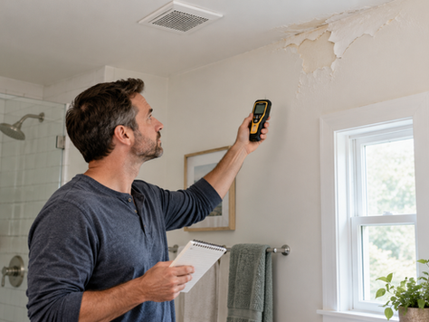Homeowner checking peeling bathroom paint near the ceiling with a humidity meter
