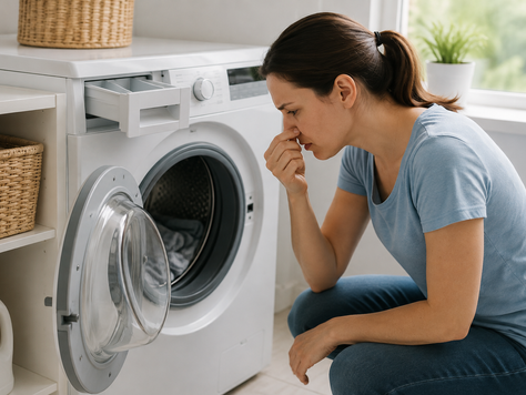 Woman checking a bad odor coming from an open front-loading washing machine