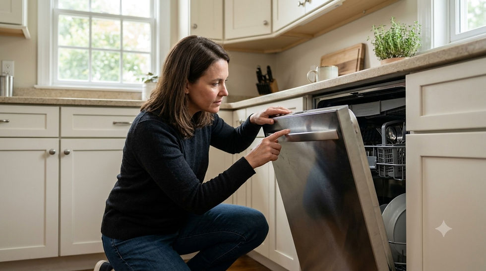 Homeowner checking a dishwasher control panel and door latch