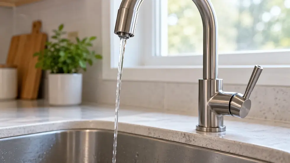 Thin stream of water from a brushed-metal kitchen faucet into a stainless-steel sink